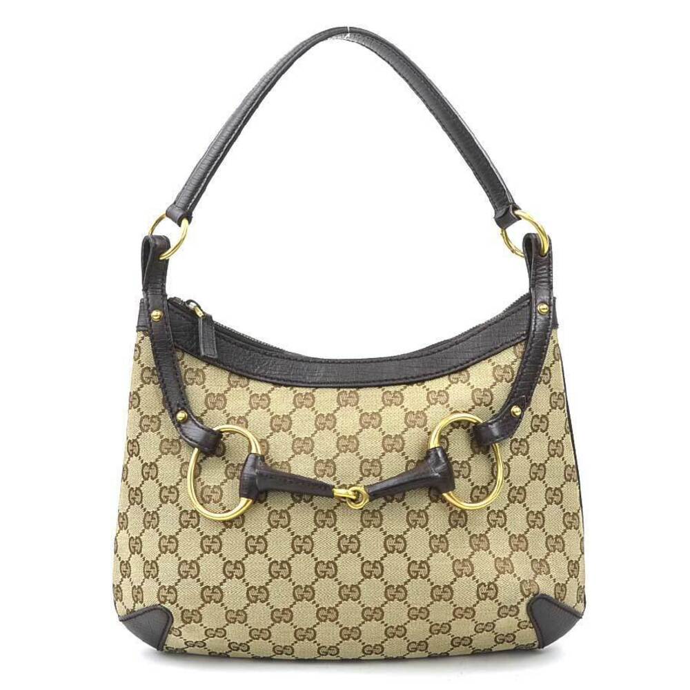 Gucci Shoulder Bag Horsebit GG Canvas Leather Beige Brown Gold
